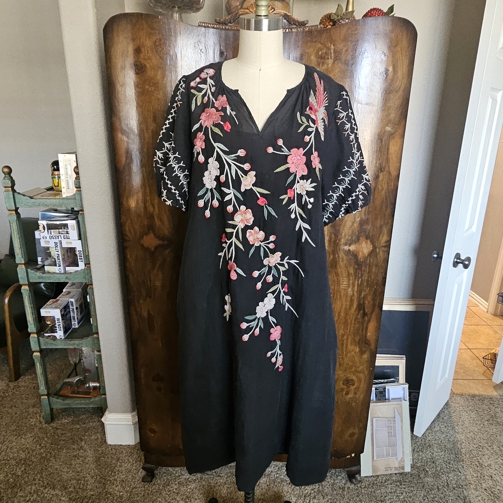 Johnny Was Black Midi Dress with Pink & White Floral Embroidery